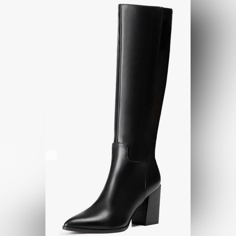 vivianly Women's Wide Knee-High Boots, Pointed Toe Block Heel Zipper, Fashion - Picture 4 of 7